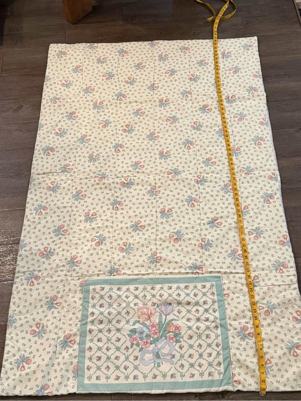 Handmade Vintage Floral Patchwork Cotton Quilt Folds Into Pillow 66inx40in